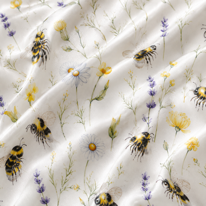 PJ-M014-Lavender And Yellow Daisy Bumblebee Floral Print White Satin Sleepwear Lounge Pajama Coordinate Set