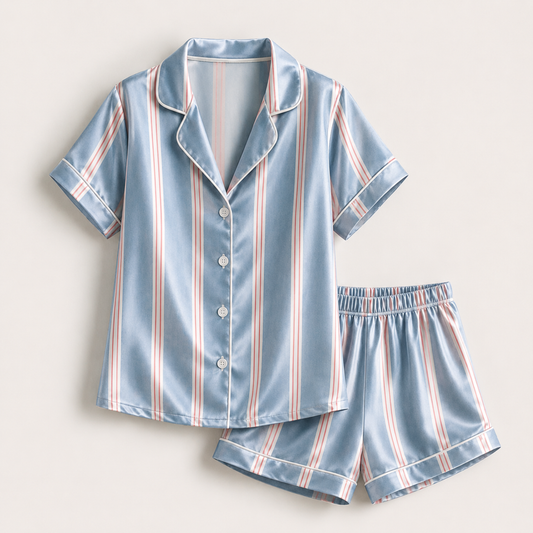 PJ-M015-Classic Ice Blue And Blush Pink Vertical Striped Satin Button Down Sleepwear Pajama Set
