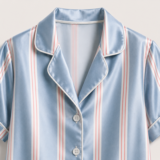 PJ-M015-Classic Ice Blue And Blush Pink Vertical Striped Satin Button Down Sleepwear Pajama Set
