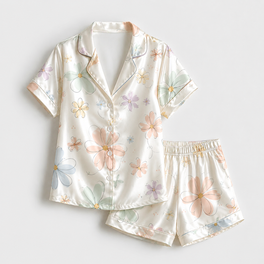 PJ-M017-Pastel Daisy Floral Print Cream Satin Sleepwear Lounge Pajama Coordinate Matching Attire Set