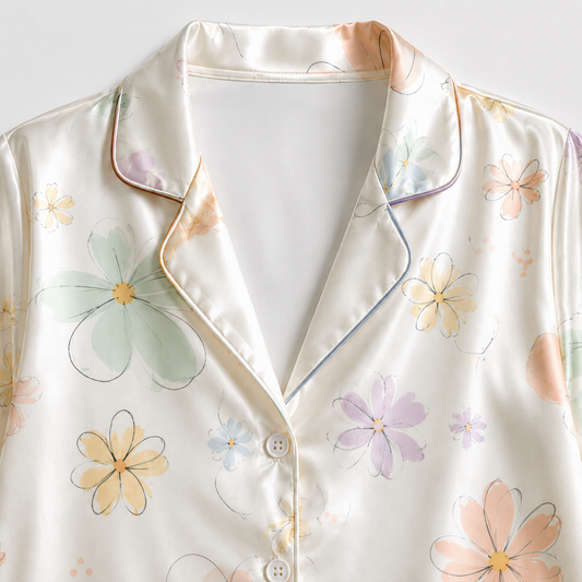 PJ-M017-Pastel Daisy Floral Print Cream Satin Sleepwear Lounge Pajama Coordinate Matching Attire Set