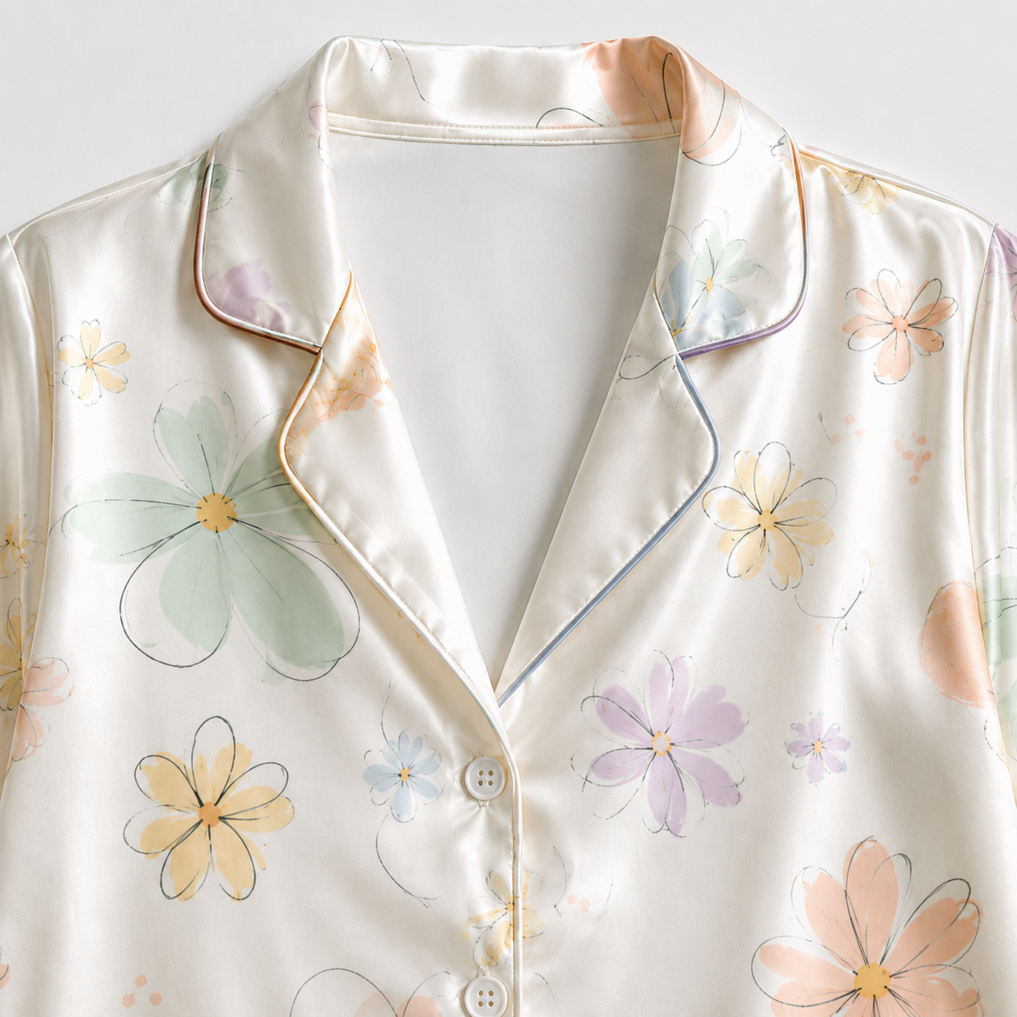 PJ-M017-Pastel Daisy Floral Print Cream Satin Sleepwear Lounge Pajama Coordinate Matching Attire Set