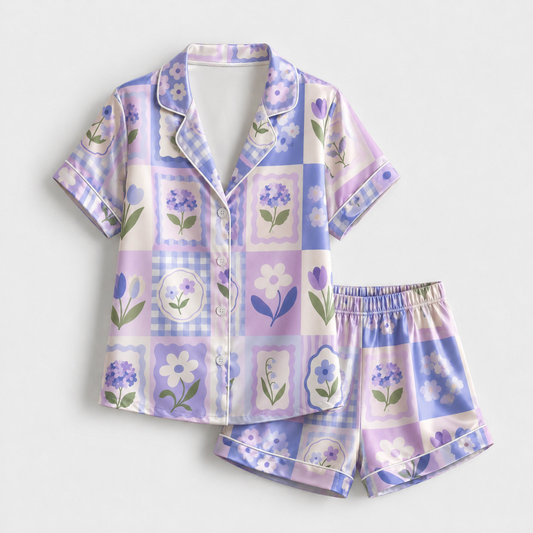PJ-M018-Lilac Purple Floral Patchwork Gingham Grid Pattern Satin Button Front Sleepwear Pajama Matching Set