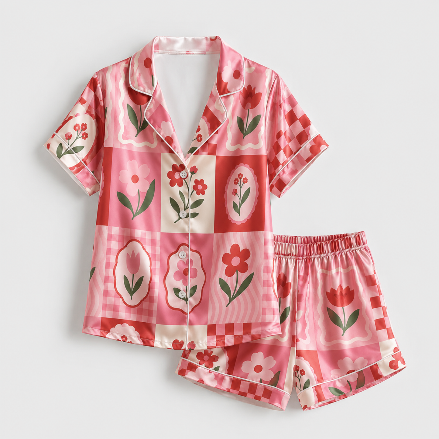 PJ-M019-Vibrant Pink And Red Floral Checkerboard Patchwork Satin Button Down Sleepwear Pajama Lounge Set