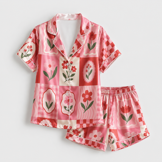 PJ-M019-Vibrant Pink And Red Floral Checkerboard Patchwork Satin Button Down Sleepwear Pajama Lounge Set