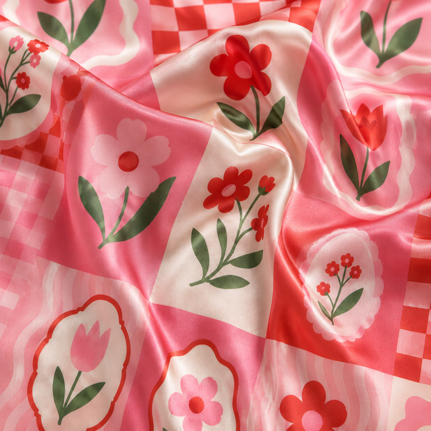 PJ-M019-Vibrant Pink And Red Floral Checkerboard Patchwork Satin Button Down Sleepwear Pajama Lounge Set