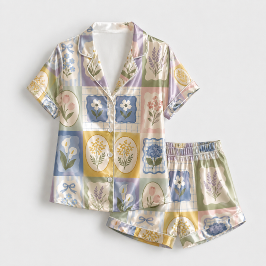 PJ-M020-Pastel Botanical Floral Patchwork Grid Pattern Satin Button Down Pajama Lounge Sleepwear Set
