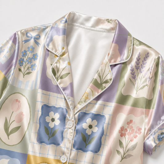 PJ-M020-Pastel Botanical Floral Patchwork Grid Pattern Satin Button Down Pajama Lounge Sleepwear Set