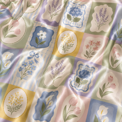 PJ-M020-Pastel Botanical Floral Patchwork Grid Pattern Satin Button Down Pajama Lounge Sleepwear Set
