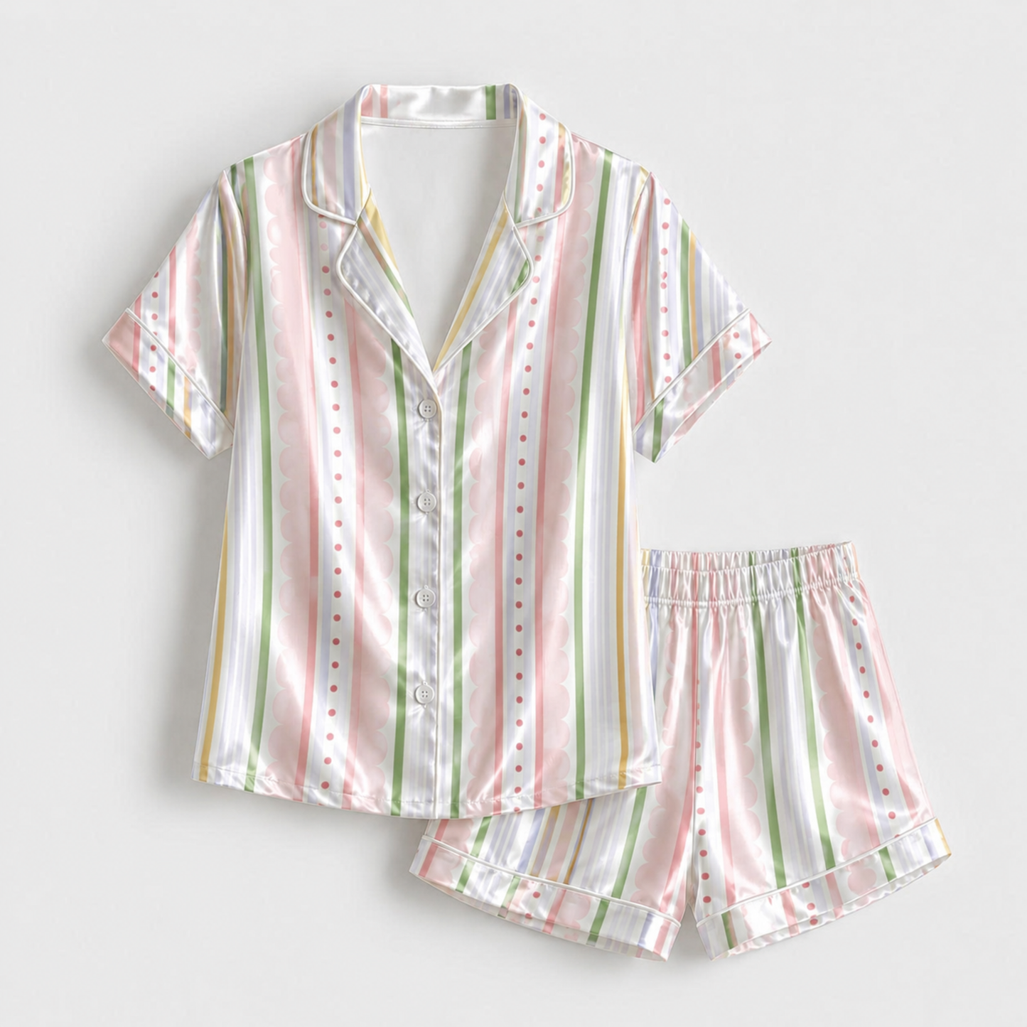PJ-M021-Pastel Multicolor Striped Scalloped Polka Dot Pattern Satin Button Down Sleepwear Pajama Lounge Set