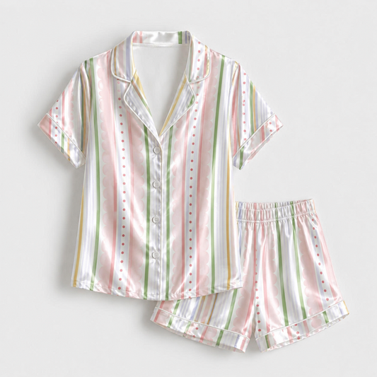 PJ-M021-Pastel Multicolor Striped Scalloped Polka Dot Pattern Satin Button Down Sleepwear Pajama Lounge Set