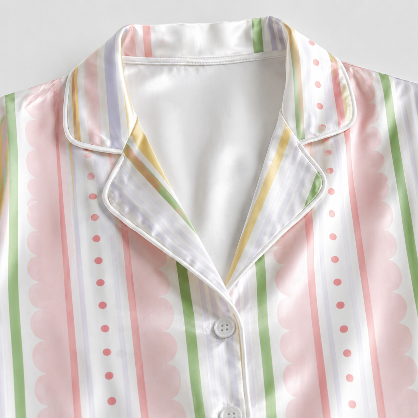 PJ-M021-Pastel Multicolor Striped Scalloped Polka Dot Pattern Satin Button Down Sleepwear Pajama Lounge Set