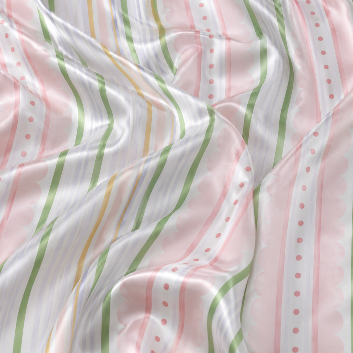 PJ-M021-Pastel Multicolor Striped Scalloped Polka Dot Pattern Satin Button Down Sleepwear Pajama Lounge Set