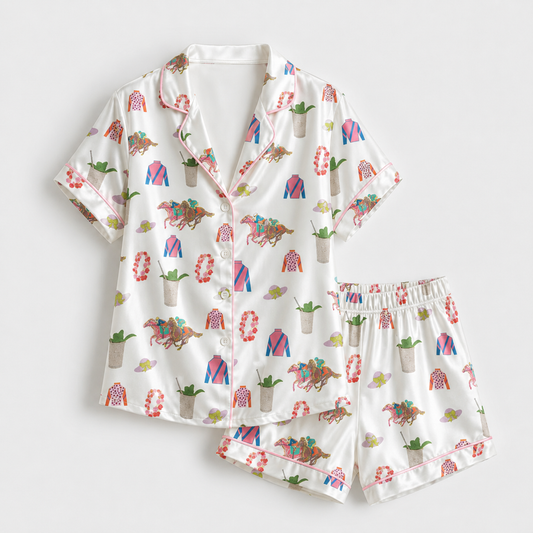 PJ-M022-White Satin Button Down Lounge Pajama Set Featuring Preppy Equestrian Horse Racing Derby Prints