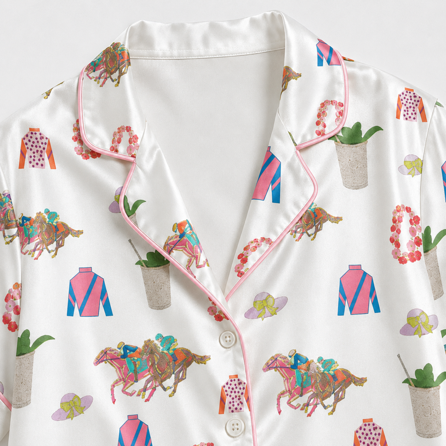 PJ-M022-White Satin Button Down Lounge Pajama Set Featuring Preppy Equestrian Horse Racing Derby Prints