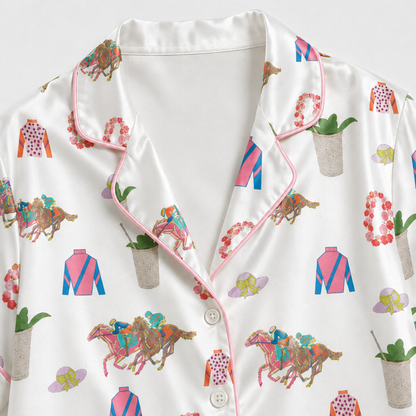 PJ-M022-White Satin Button Down Lounge Pajama Set Featuring Preppy Equestrian Horse Racing Derby Prints