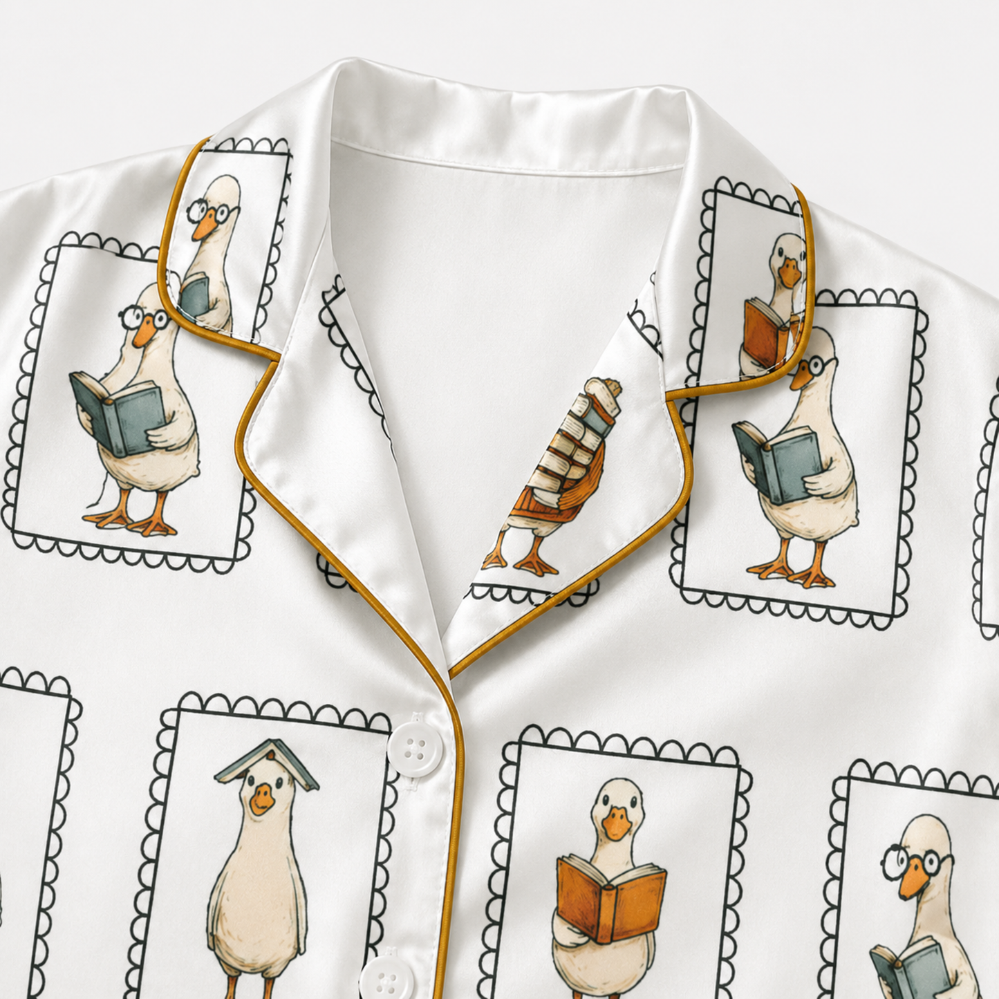 PJ-M023-Novelty Reading Duck Illustrated Pattern White Satin Button Front Sleepwear Pajama Lounge Matching Set