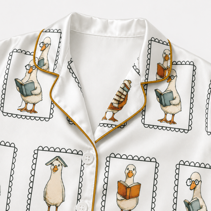 PJ-M023-Novelty Reading Duck Illustrated Pattern White Satin Button Front Sleepwear Pajama Lounge Matching Set