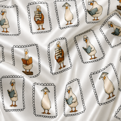 PJ-M023-Novelty Reading Duck Illustrated Pattern White Satin Button Front Sleepwear Pajama Lounge Matching Set