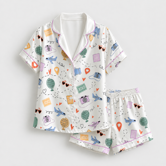 PJ-M024-Airplane And Globe Travel Theme White Satin Button Down Sleepwear Pajama Lounge Coordinate Set