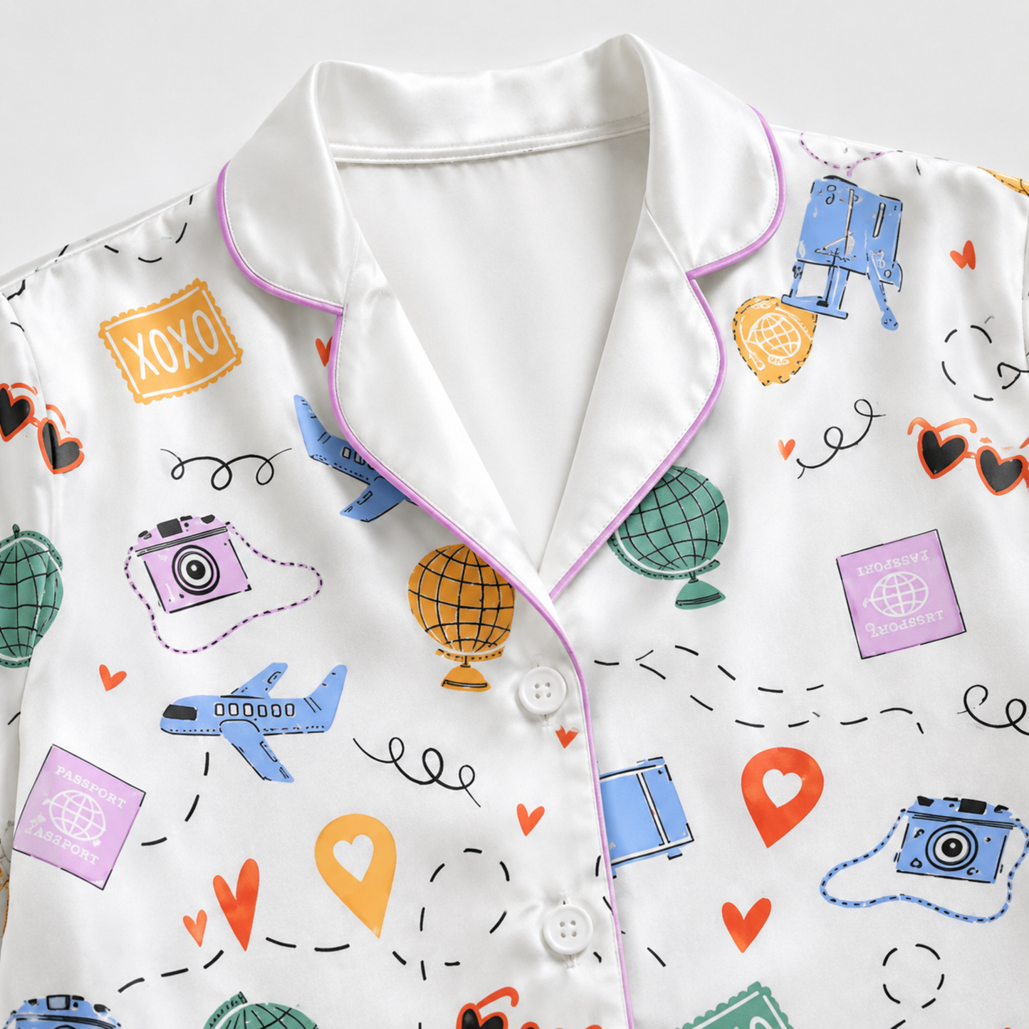 PJ-M024-Airplane And Globe Travel Theme White Satin Button Down Sleepwear Pajama Lounge Coordinate Set