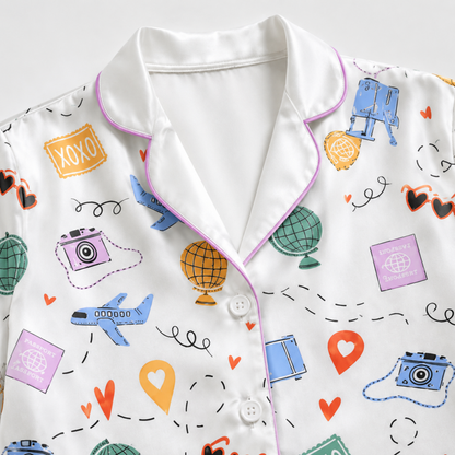 PJ-M024-Airplane And Globe Travel Theme White Satin Button Down Sleepwear Pajama Lounge Coordinate Set