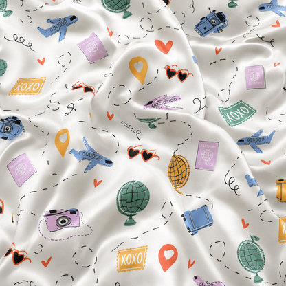 PJ-M024-Airplane And Globe Travel Theme White Satin Button Down Sleepwear Pajama Lounge Coordinate Set