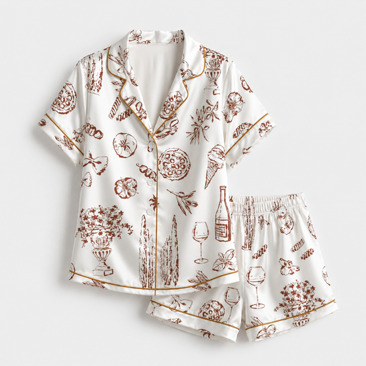 PJ-M025-Mediterranean Italian Food And Wine Print White Satin Button Down Sleepwear Pajama Lounge Set