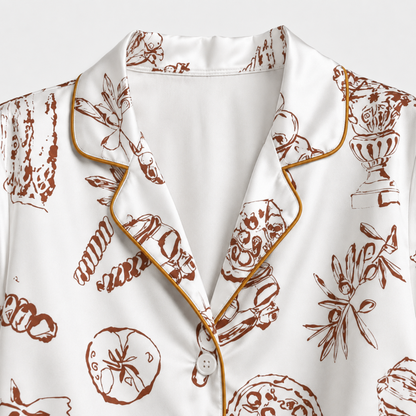 PJ-M025-Mediterranean Italian Food And Wine Print White Satin Button Down Sleepwear Pajama Lounge Set