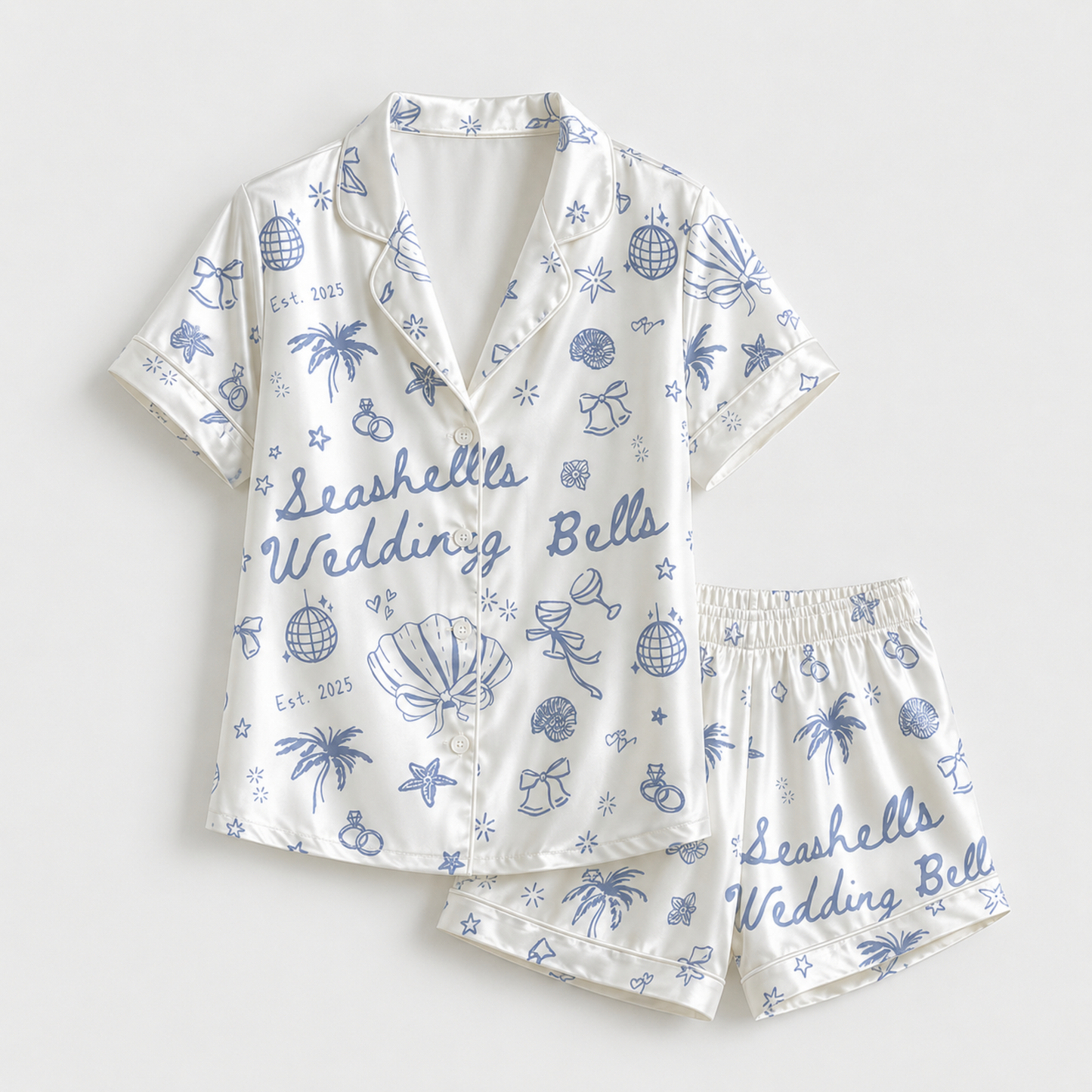 PJ-M026-Bridal Beach Wedding Seashell Disco Blue Graphic White Satin Button Down Pajama Lounge Set