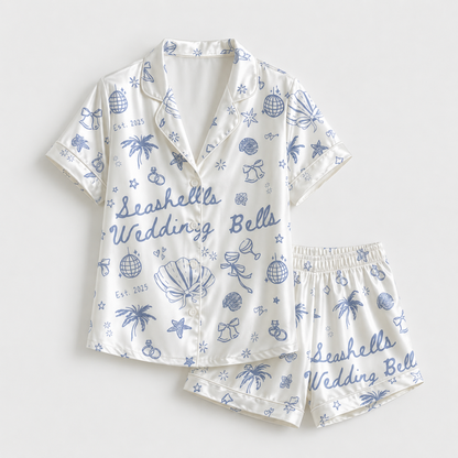 PJ-M026-Bridal Beach Wedding Seashell Disco Blue Graphic White Satin Button Down Pajama Lounge Set