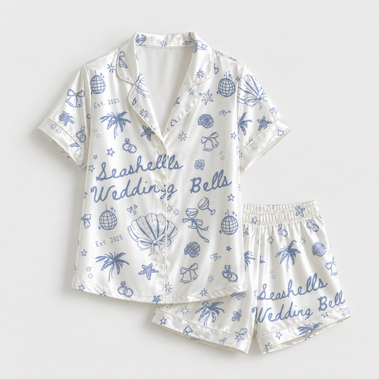 PJ-M026-Bridal Beach Wedding Seashell Disco Blue Graphic White Satin Button Down Pajama Lounge Set