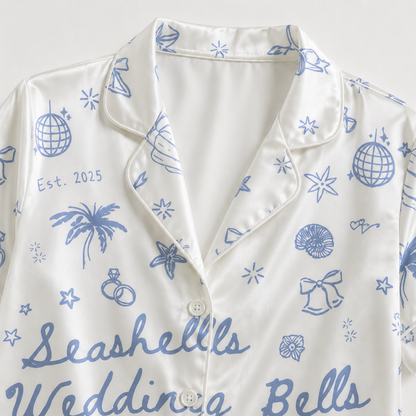 PJ-M026-Bridal Beach Wedding Seashell Disco Blue Graphic White Satin Button Down Pajama Lounge Set