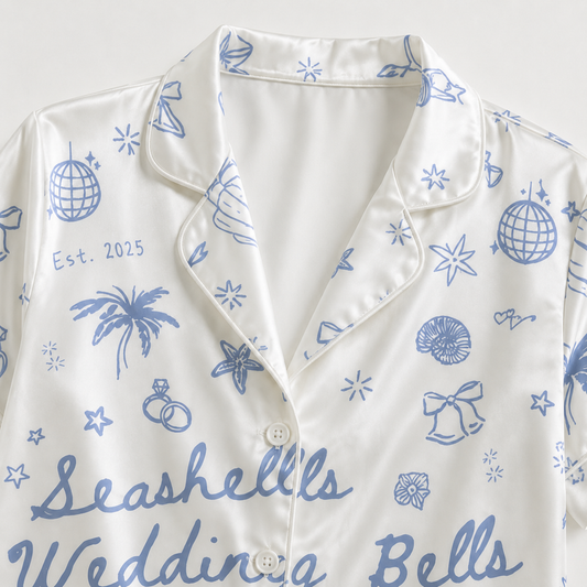PJ-M026-Bridal Beach Wedding Seashell Disco Blue Graphic White Satin Button Down Pajama Lounge Set