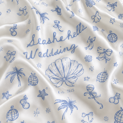 PJ-M026-Bridal Beach Wedding Seashell Disco Blue Graphic White Satin Button Down Pajama Lounge Set