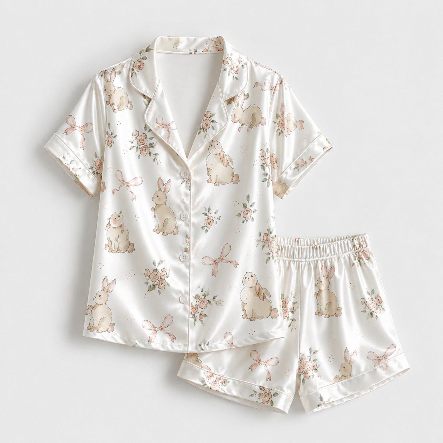PJ-M027-Cute Watercolor Bunny And Pink Rose Floral White Satin Button Down Pajama Lounge Set