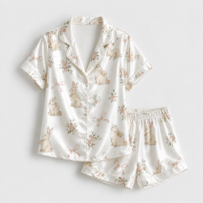 PJ-M027-Cute Watercolor Bunny And Pink Rose Floral White Satin Button Down Pajama Lounge Set