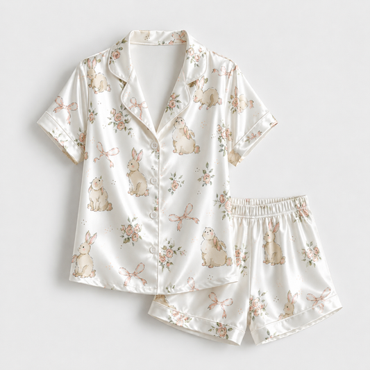 PJ-M027-Cute Watercolor Bunny And Pink Rose Floral White Satin Button Down Pajama Lounge Set