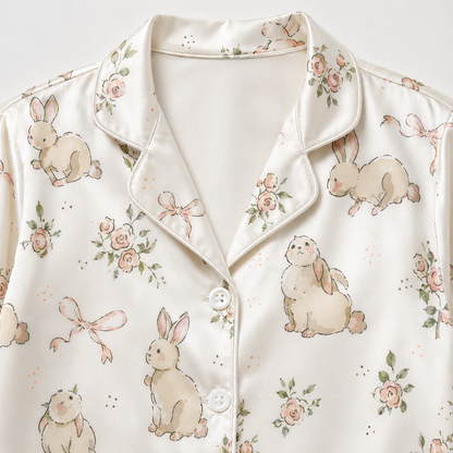 PJ-M027-Cute Watercolor Bunny And Pink Rose Floral White Satin Button Down Pajama Lounge Set