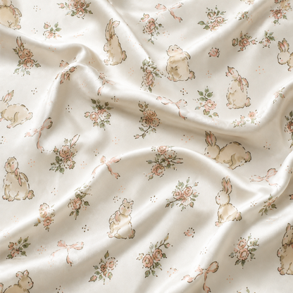 PJ-M027-Cute Watercolor Bunny And Pink Rose Floral White Satin Button Down Pajama Lounge Set