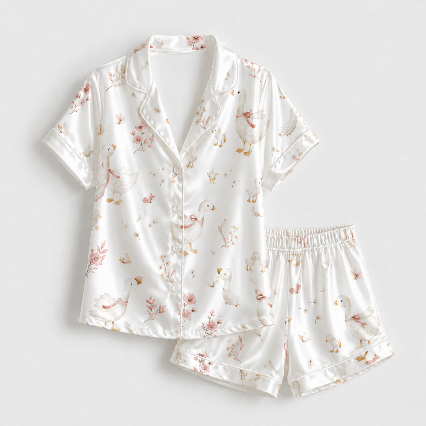 PJ-M028-Watercolor Goose And Delicate Pink Floral Print White Satin Button Down Pajama Set