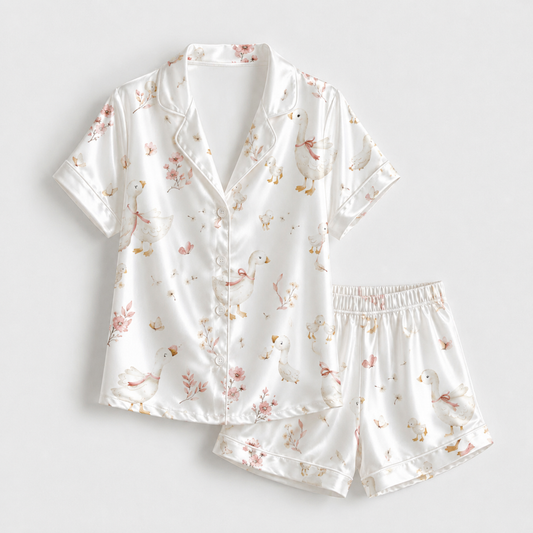 PJ-M028-Watercolor Goose And Delicate Pink Floral Print White Satin Button Down Pajama Set