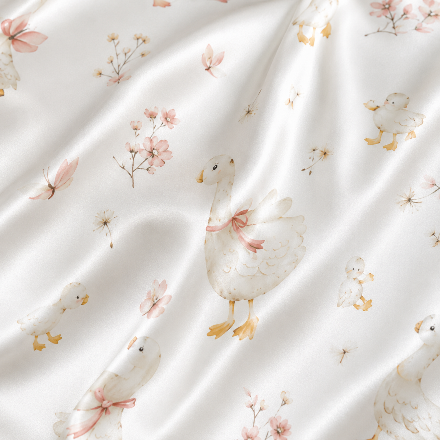 PJ-M028-Watercolor Goose And Delicate Pink Floral Print White Satin Button Down Pajama Set