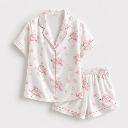 PJ-M029-Elegant Pink Ocean Turtle And Starfish Pattern White Satin Button Front Lounge Pajama Set