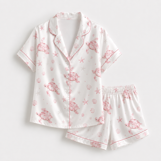 PJ-M029-Elegant Pink Ocean Turtle And Starfish Pattern White Satin Button Front Lounge Pajama Set