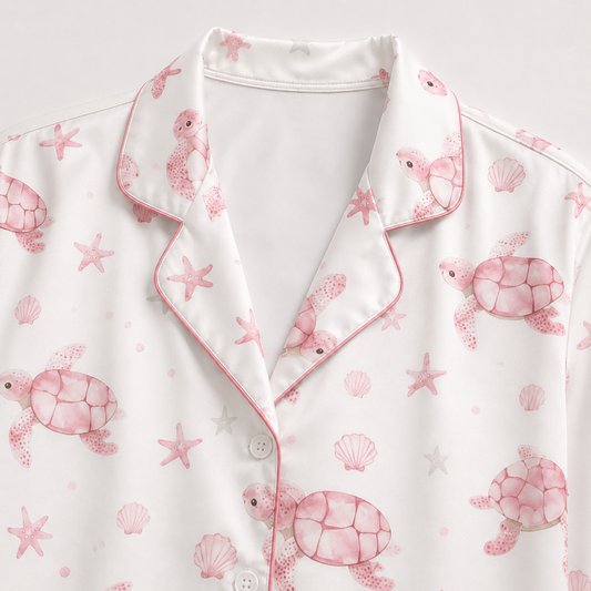PJ-M029-Elegant Pink Ocean Turtle And Starfish Pattern White Satin Button Front Lounge Pajama Set