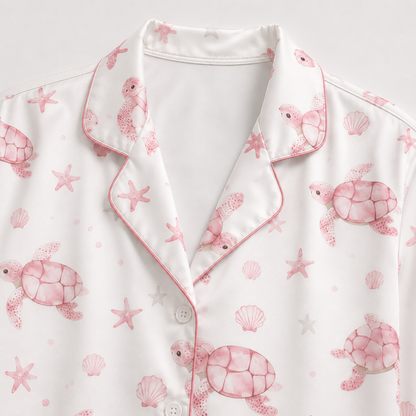 PJ-M029-Elegant Pink Ocean Turtle And Starfish Pattern White Satin Button Front Lounge Pajama Set