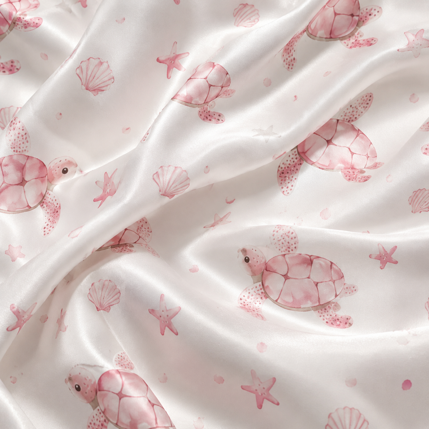 PJ-M029-Elegant Pink Ocean Turtle And Starfish Pattern White Satin Button Front Lounge Pajama Set