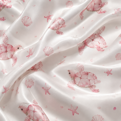 PJ-M029-Elegant Pink Ocean Turtle And Starfish Pattern White Satin Button Front Lounge Pajama Set