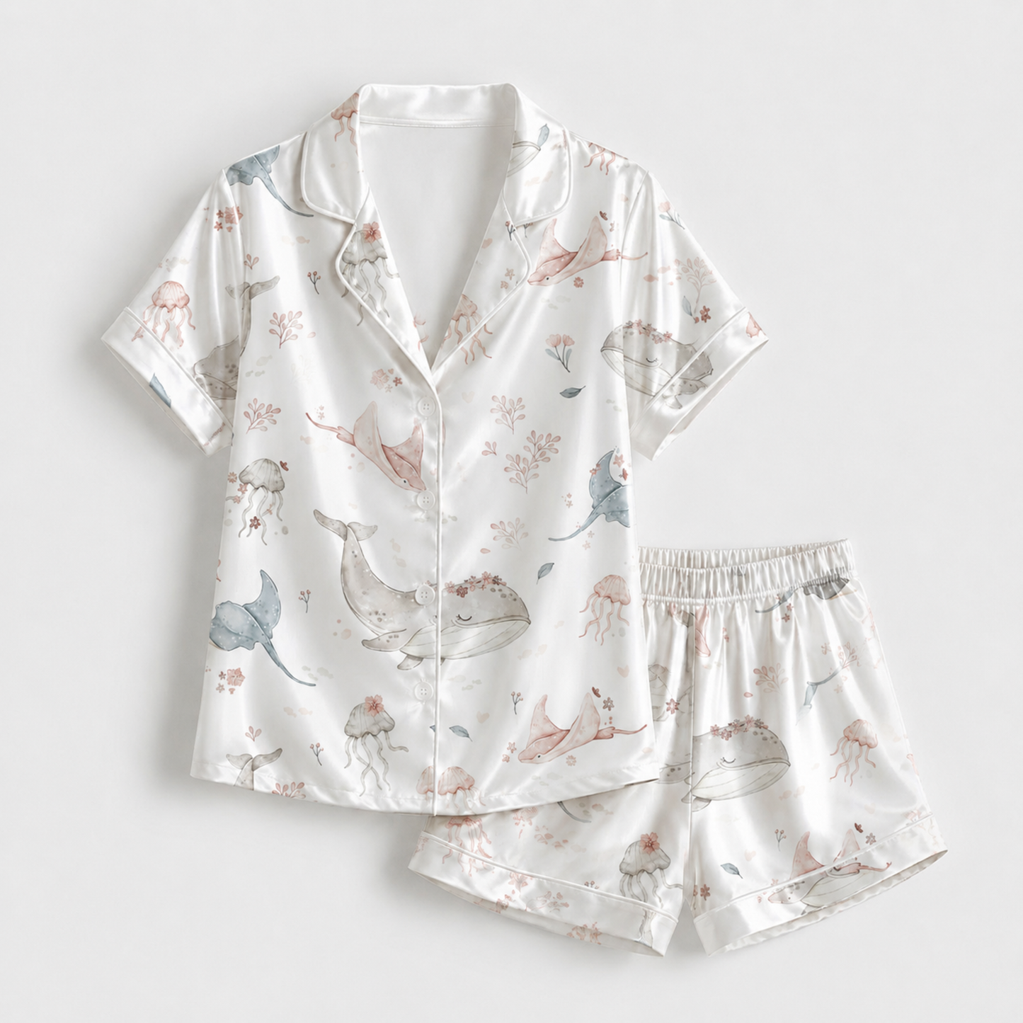 PJ-M030-Cute Pastel Stingray And Whale Floral Pattern White Satin Button Down Lounge Pajama Set